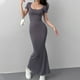 thumbnail image 3 of Gibobby Vestido largo para mujer Vestido ceñido al cuerpo de color sólido para mujer, cuello cuadrado sexy, cintura alta, manga corta, vestido info(Gris oscuro,CH), 3 of 5