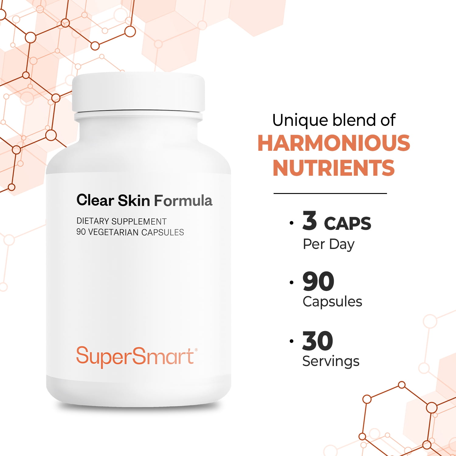 SuperSmart - Clear Skin Formula - 7-in-1 Skin Supplement with Burdock, Milk Thistle, NAC, Lactoferrin, and Vitamins A, B3 & B6 - Clear & Radiant Skin | Non- GMO & Gluten Free - 90 Vegetarian Capsules