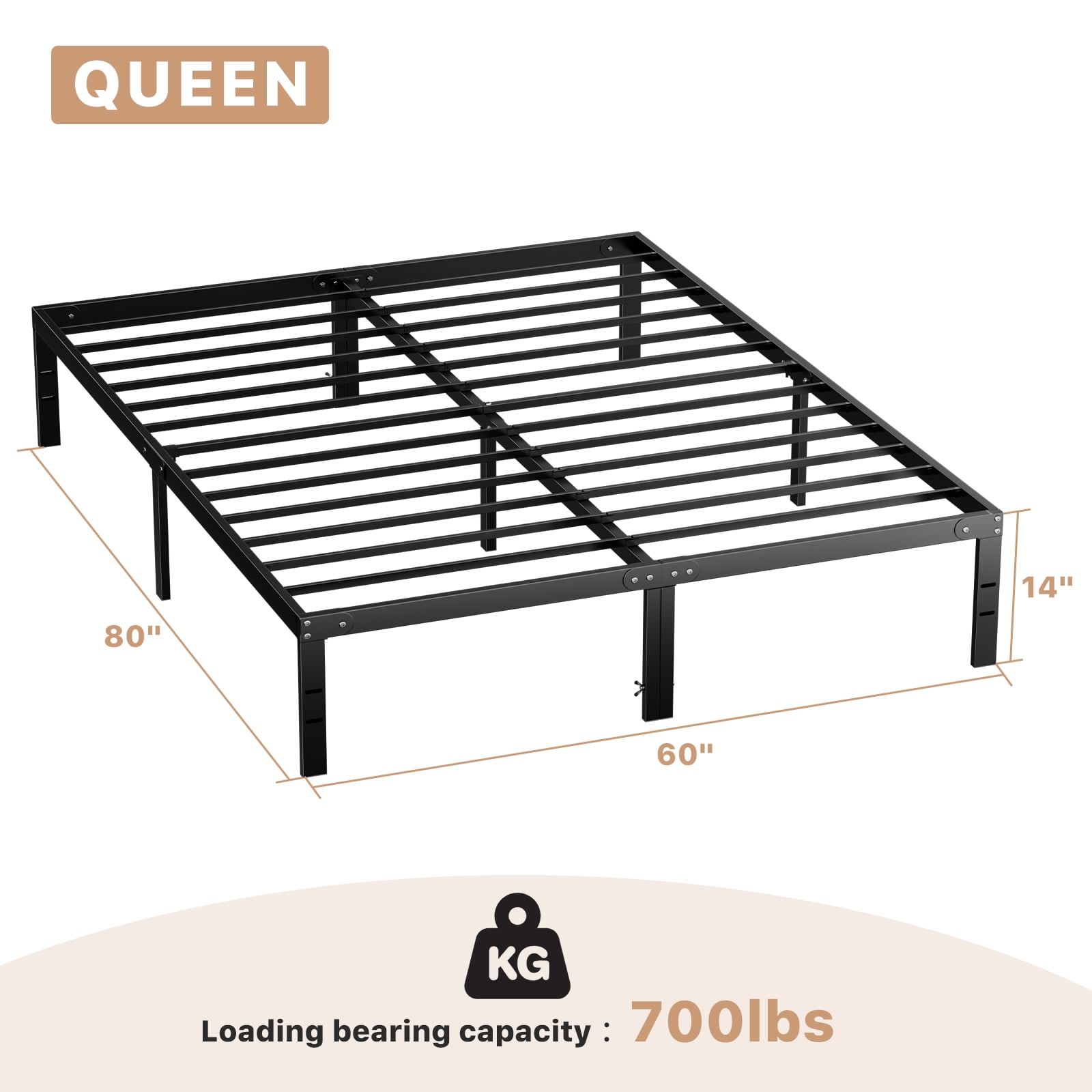 JIOABL Home 14-Inch Queen Elevated Steel Platform Bed Frame, Silent and Sturdy Support , Expanded Under-Bed Storage