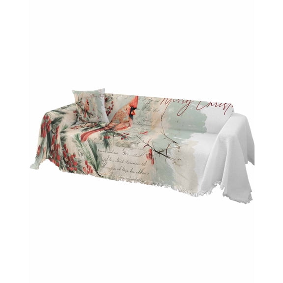 Christmas Sofa Covers for 3 Cushion, Washable Couch Cover for Sectional Sofa Slipcovers with Tassel, Xmas Birds Botanical Watercolor Berry Loveseat Covers Futon Cover Blanket 71''x118''
