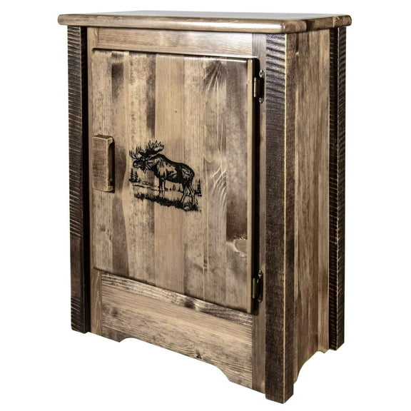 Homestead Collection Accent Cabinet w/ Laser Engraved Moose Design, Right Hinged, Stain & Clear Lacquer Finish