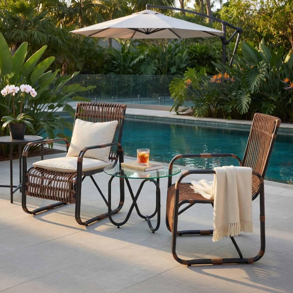 Hommoo 3-Piece Outdoor Rattan Patio Furniture Set, 2 Ergonomic Wicker Chairs + Tempered Glass Side Table for Balcony, Garden & Poolside， Brown & Black