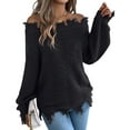 thumbnail image 3 of Women'S Solid Color Openwork Long-Sleeved Sweater, Off-Shoulder Knit Pullover, 3 of 9