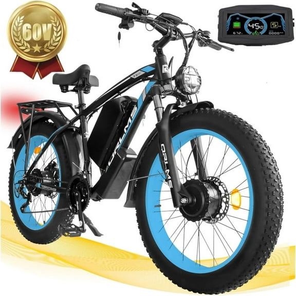 5000W Peak Dual Motor E-Bike, 60V 25AH Battery Electric Bike for Adults, 45MPH Mountain AWD 21-Speed Snow E-Bike with 24" x 4.0 Fat Tire, Long Range Mountain Dirt Off-Road