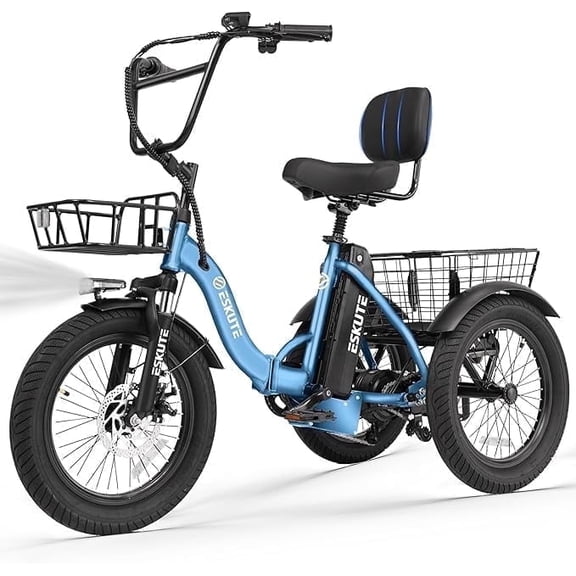 ESKUTE Blue E Trike Electric Bike, Peak 1200W Brushless Motor Folding Trike 18X3.0 Fat Tire Ebike, 499Wh Removable Battery, Step-Thru 3 Wheel Electric Bicycle, 48V 13AH 18MPH  Tricycle for Adults
