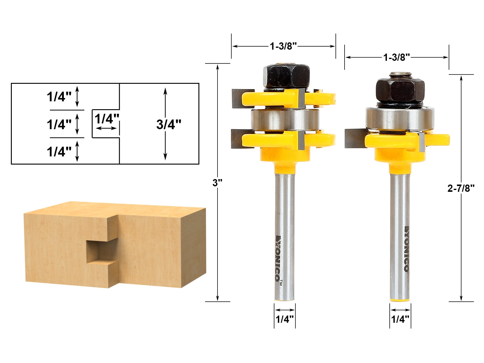 TOOLDO Tongue and Groove Router Bit & Reversible Finger Joint Router Bit for Hardwood Floor Pack of 3 Jointing Bit Set 1/4 Inch Shank Set Parallel Angle Joint Set