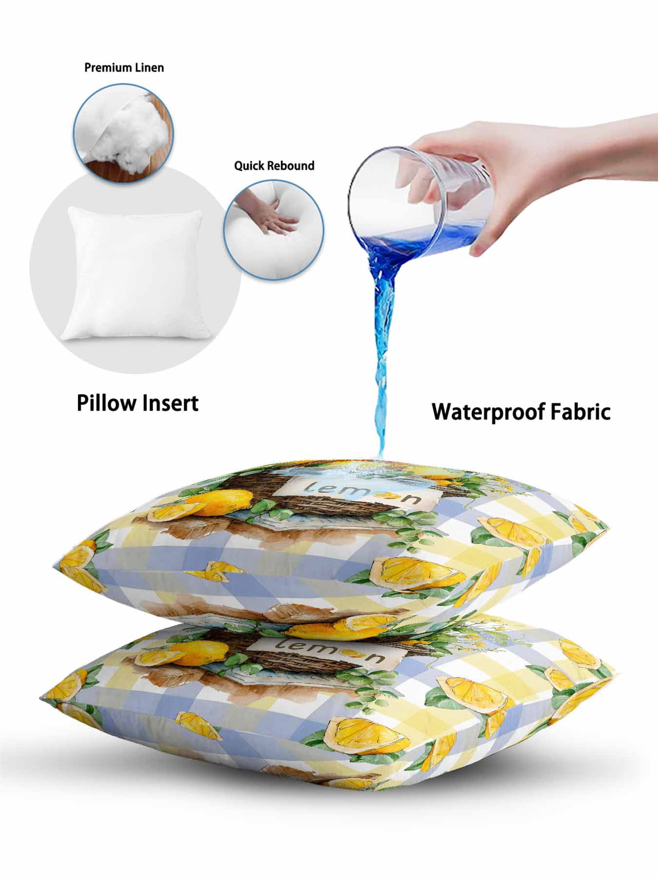1 Pack Outdoor Pillows Waterproof, Lemon Basket Summer Indoor/Outdoor Throw Pillows with Inserts, Eucalyptus Blue Yellow Plaid Decorative Pillow for Patio Furniture Chairs Couch