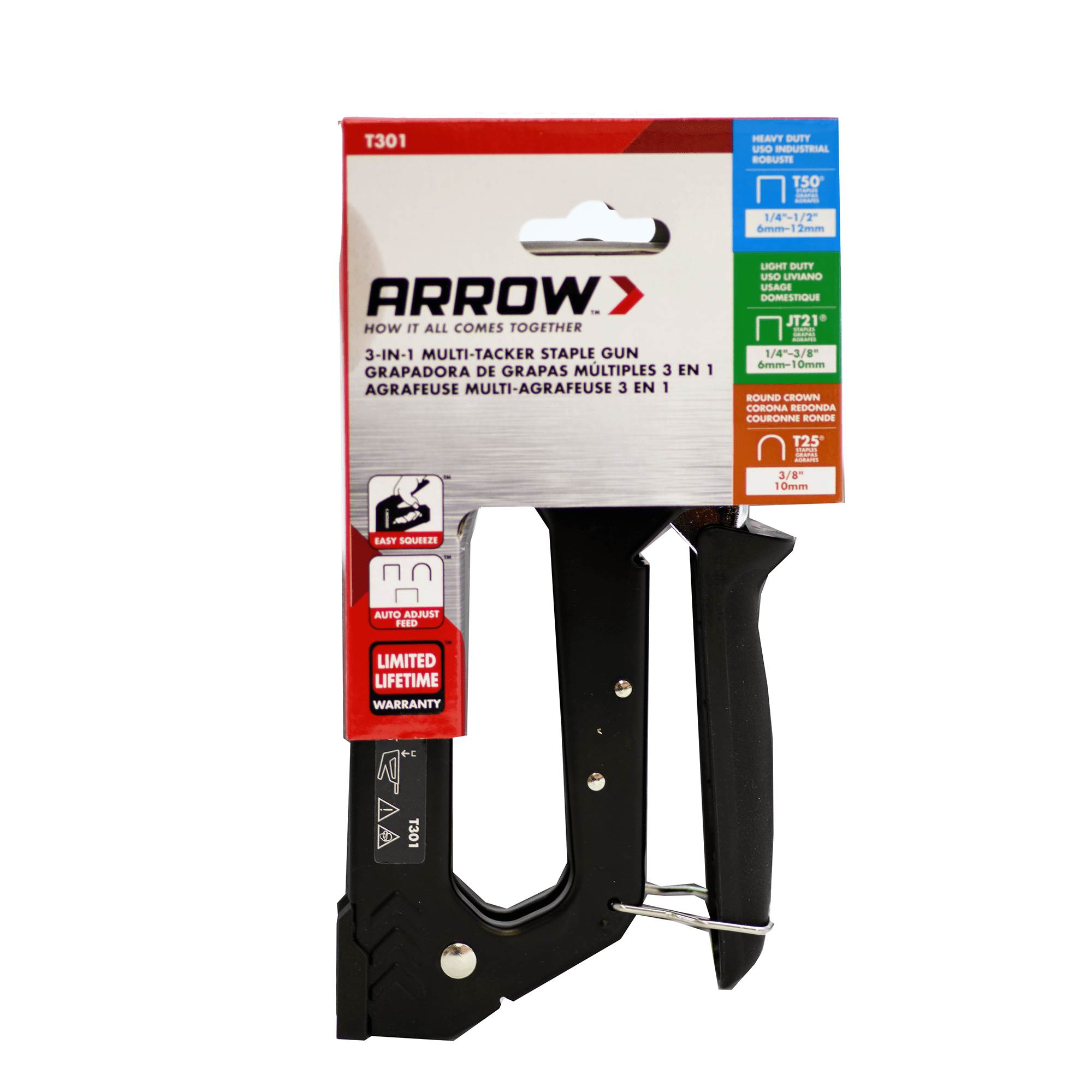 Arrow T301 3-in-1 Manual Staple Gun, T301, Fires Light Duty, Heavy Duty and Cable Staples