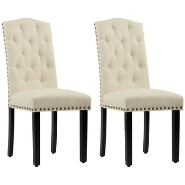 LSSBOUGHT Solid Wood Tufted Dining Chairs, Kitchen Dining Room Chairs with Bronze Nailhead Trim Set of 2 Beige-2-Piece