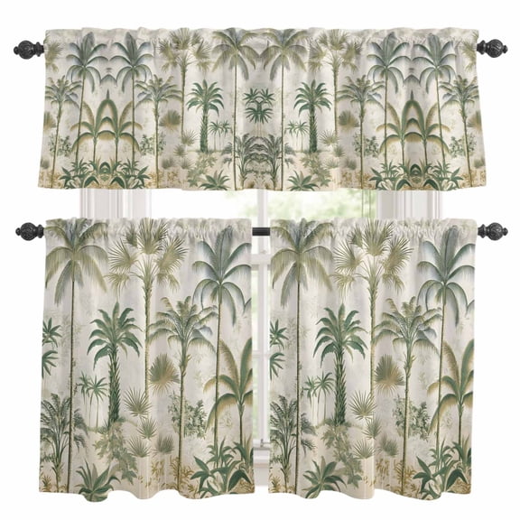 Palm Tree Kitchen Curtains Sets for Windows 36 Inch Length, Sage Green Tropical Nature Plant Watercolor Rod Pocket Window Treatments Tier Curtains and Valances Set for Bedroom/Bathroom