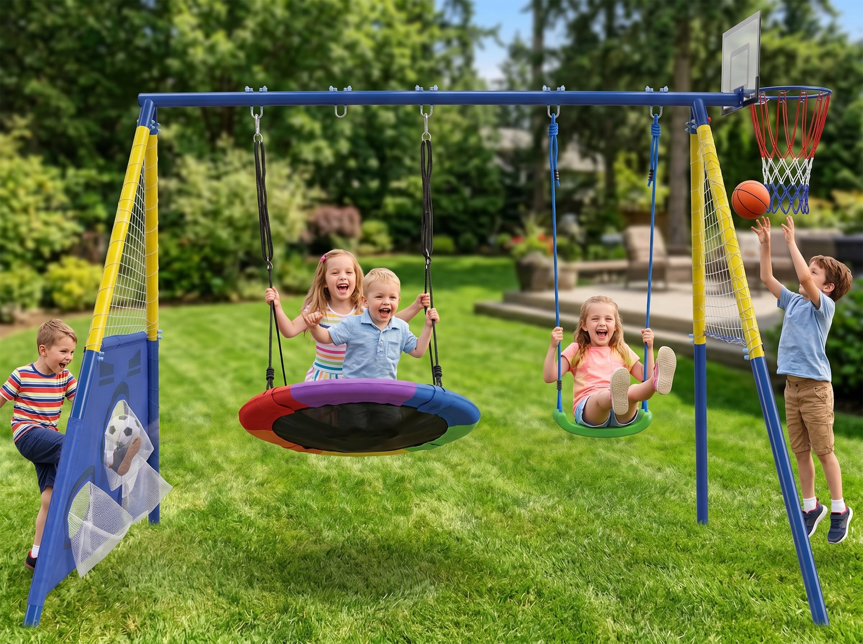 5-in-1 Kids Metal Swing Set with 2-Person Saucer Swing, Belt Swing, Basketball Hoop & Soccer Goal, Heavy Duty 600 LBS Backyard Playground for Toddlers Children Ages 3-10