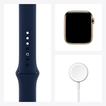Apple Watch Series 6 GPS + Cellular, 44mm Gold Stainless Steel Case with Deep Navy Sport Band - Regular
