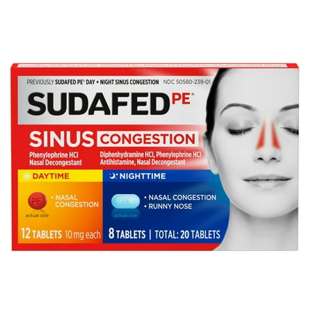 Sudafed PE Day + Night Maximum Strength Sinus Decongestant, 20 (Best Decongestant For Sinus Headache)