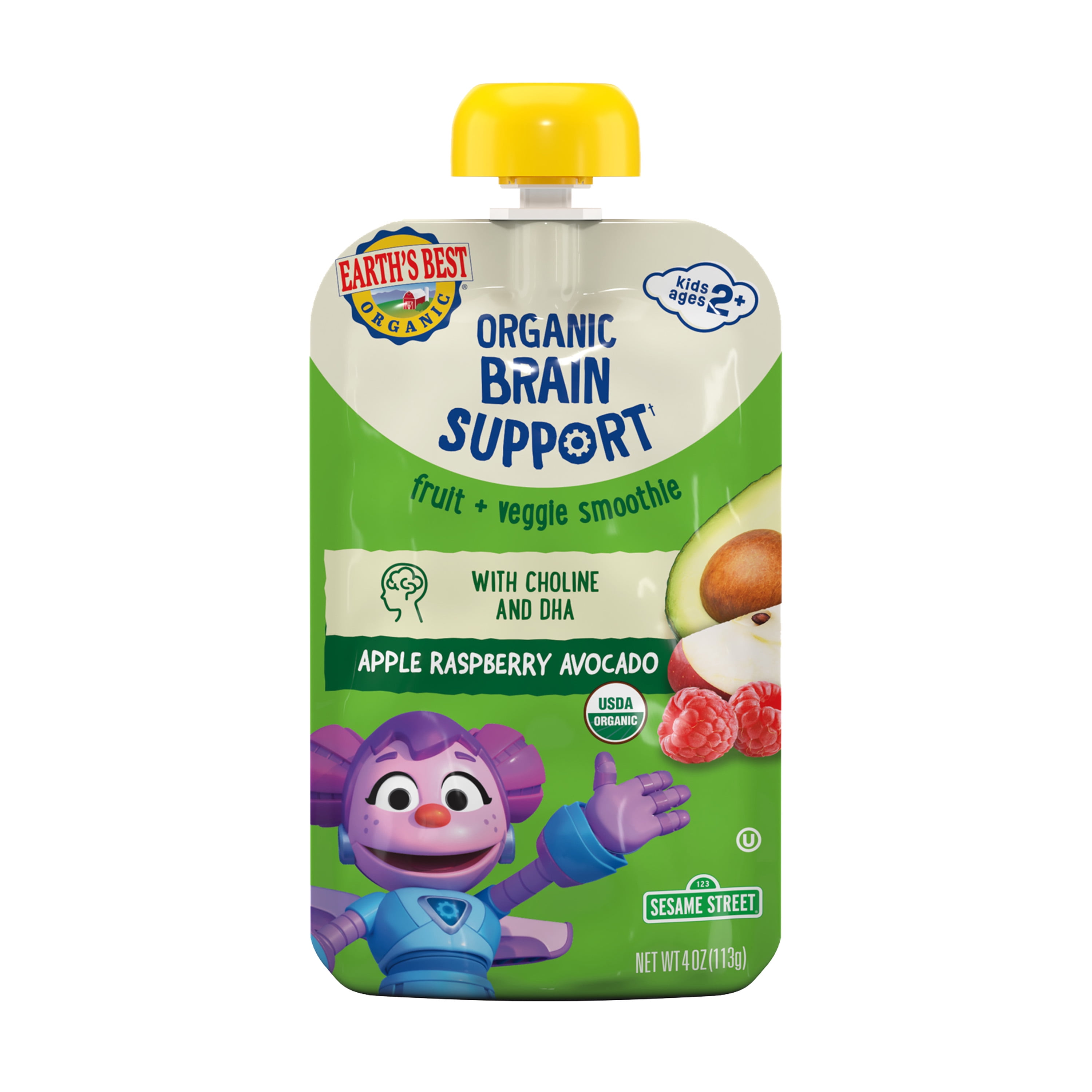 (3 pack) Earth's Best Organic Brain Support Toddler Food, Apple Raspberry Avocado Smoothie, 4 oz Pouch