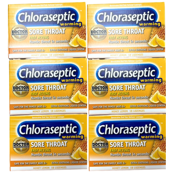 Chloraseptic Sore Throat Warming Lozenges Honey Lemon 18 Each (Pack of 6)