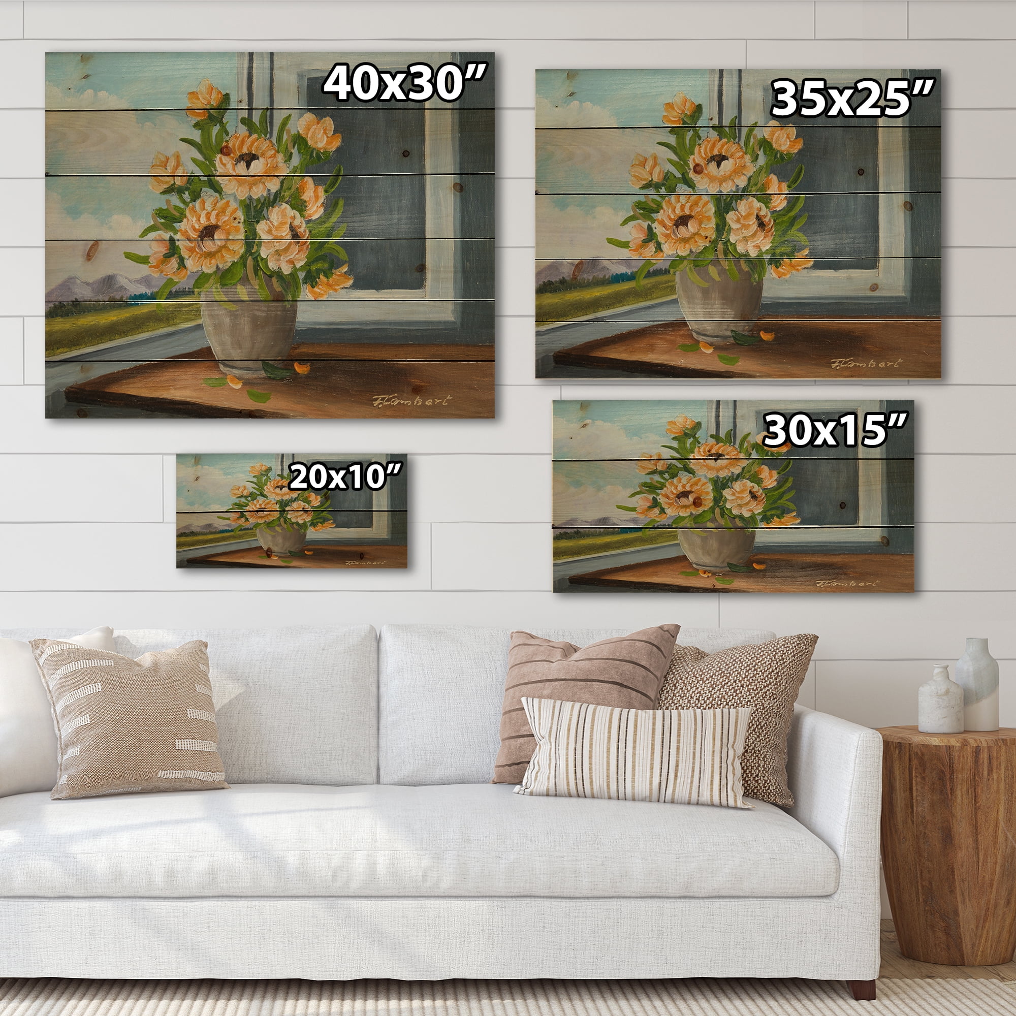 Designart 'Still Life With Orange Flowers In Vase At The Window' Traditional Print on Natural Pine Wood