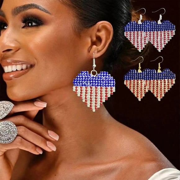 Pendientes de Corazón Rojo, Blanco y Azul con Rhinestones | Joyería Patriótica Brillante en Forma de Corazón | Accesorios para el Día de la Independencia | Metal Multicolor | 2 Pares | 4x4cm