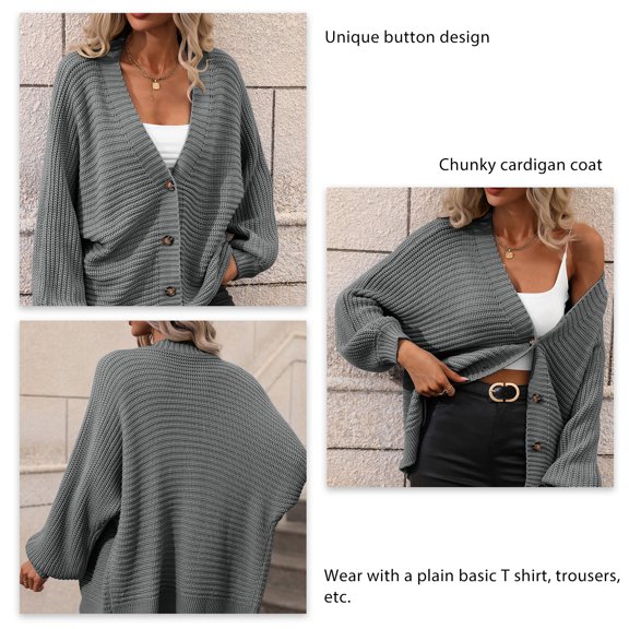 Women Casual Knit Cardigan Sweater V Neck Button Up Batwing Long Sleeve Loose Hem Oversized Outwear Coat Grey M