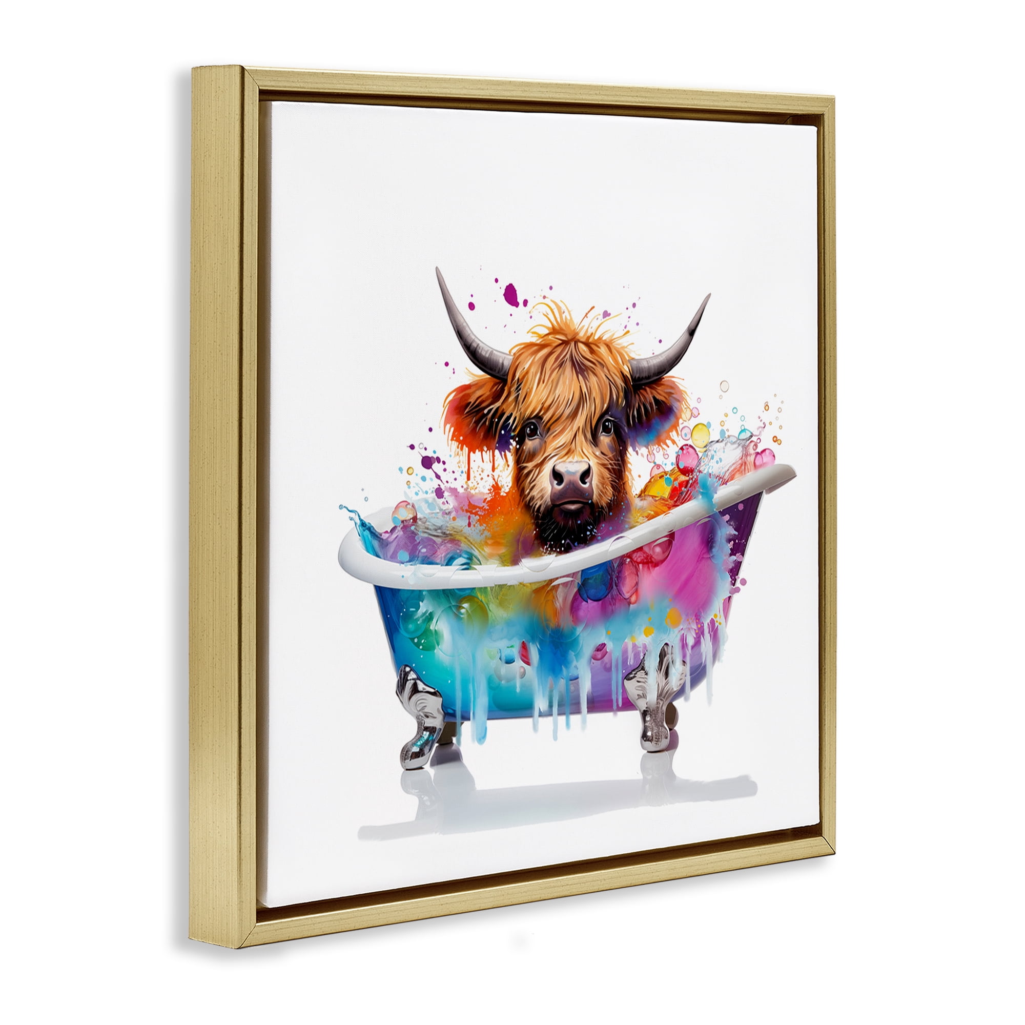 Stupell Industries Vivid Bath Time Cattle Typography Painting Gold Floater Framed Canvas Art Print Wall Art, 18 x 18