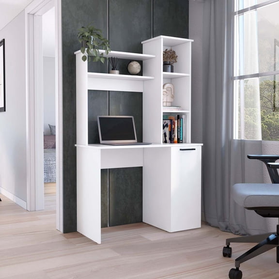 Asteroutdoor Muncy Computer Desk with Hutch, Single Door Cabinet, 3-Tier Shelves, 25.8 in Work Surface, Black
