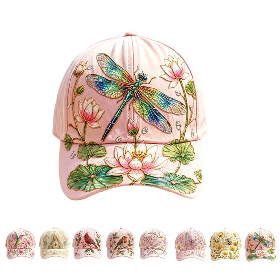 2026 Garden Morning Women’s Floral Baseball Cap, Sparkle Rhinestone Embellished, Adjustable Pink Sun Hat for Outdoor Daily Wear