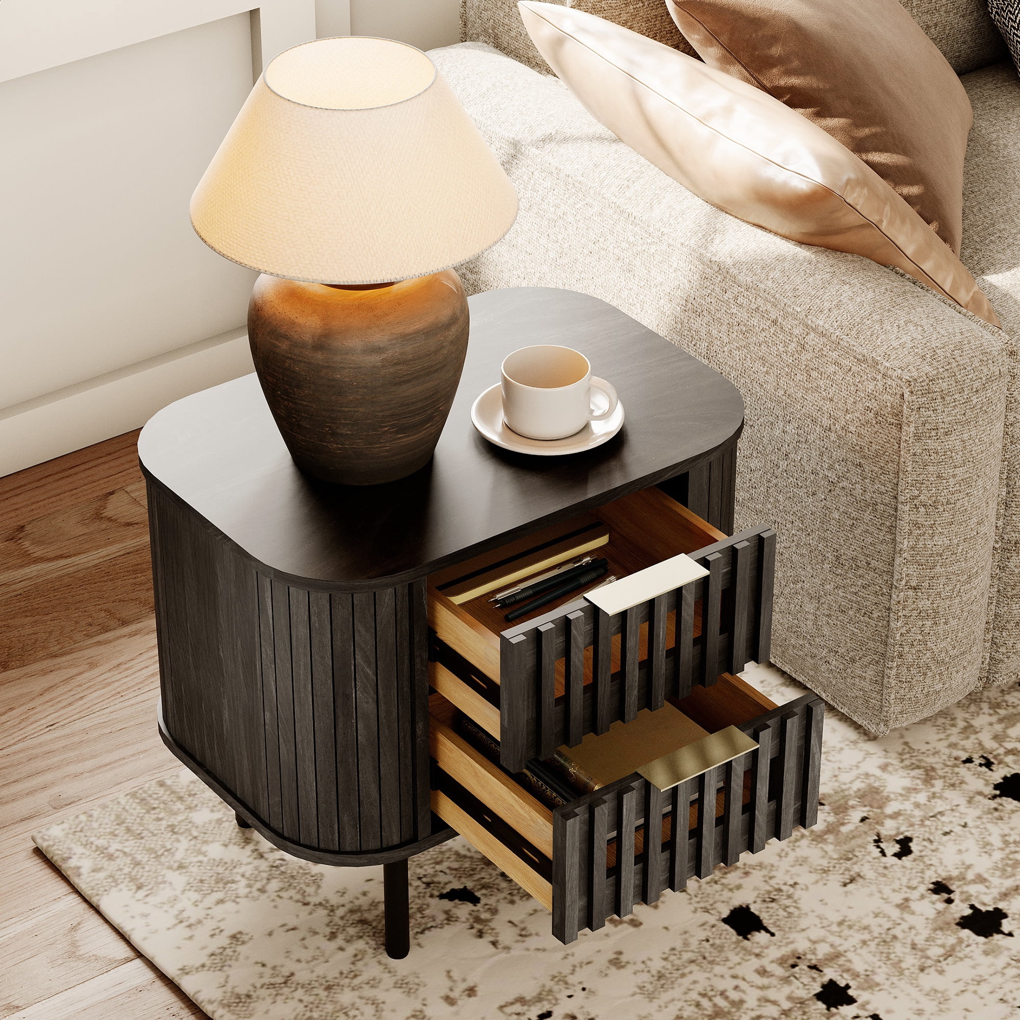 WAMPAT Fluted End Table with 2 Drawers, Modern Storage Nightstand for Living Room & Bedroom, Wooden Side Table, Black