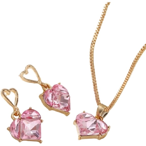 Zephyriana Love Heart Jewelry Set Earrings and Necklace Set Elegant Handmade Crystal Pink Birthstone Lightweight Hoop Earrings Pendant Necklace Trendy Wedding Jewelry for Women