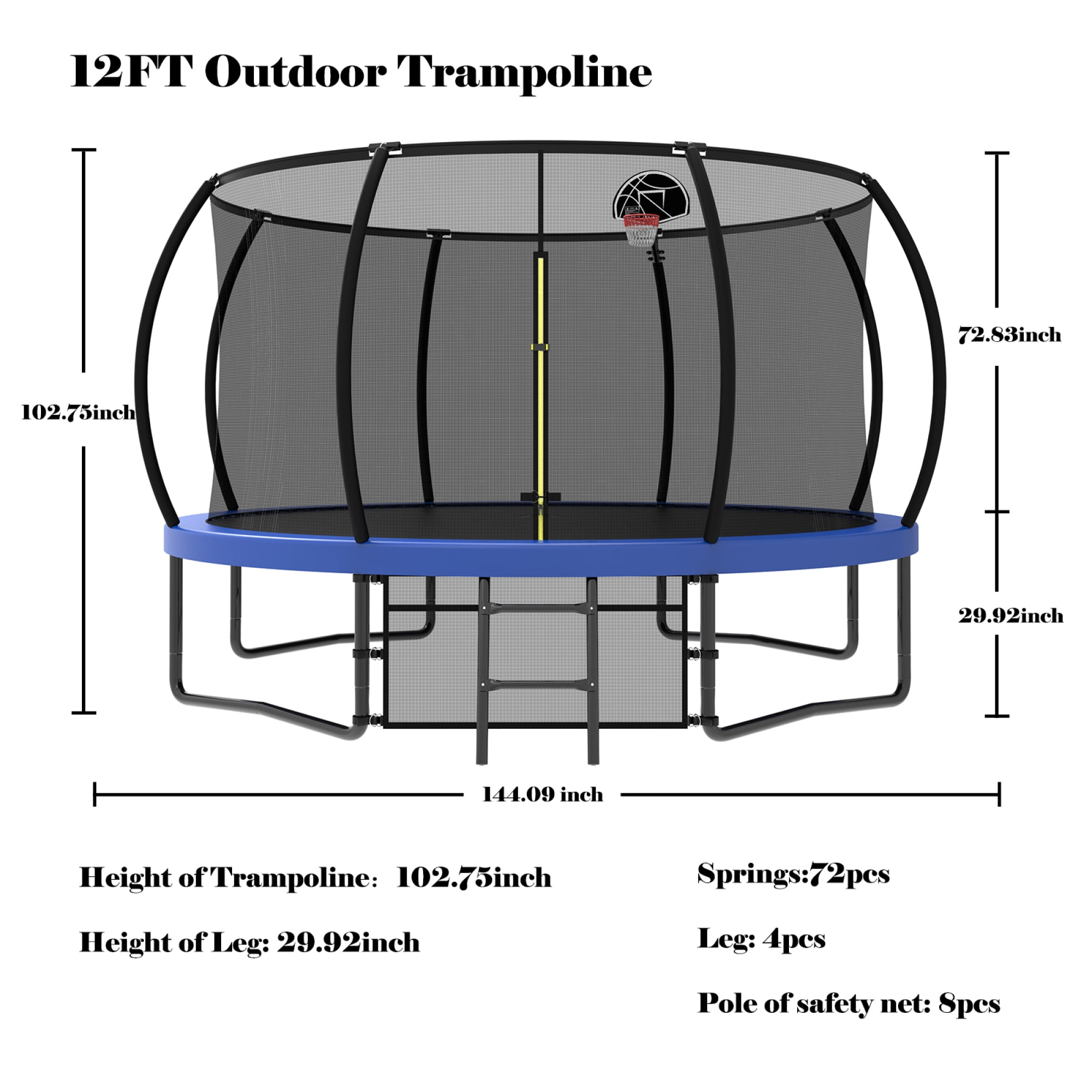Leumius 12FT Trampoline with Enclosure Net,Heavy Duty Yard Pumpkin Trampolines with Ladder,Outdoor Recreational Trampolines for Kids and Adults,Blue