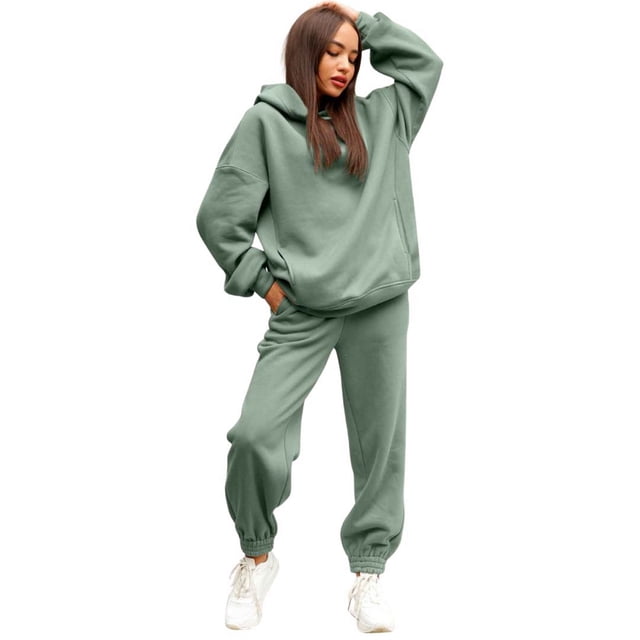Gibobby Conjunto de sudadera para mujer Conjunto de sudadera y pantalones con capucha de moda de estilo de color sólido para mujer Traje de 2 piezas(Verde,CH)