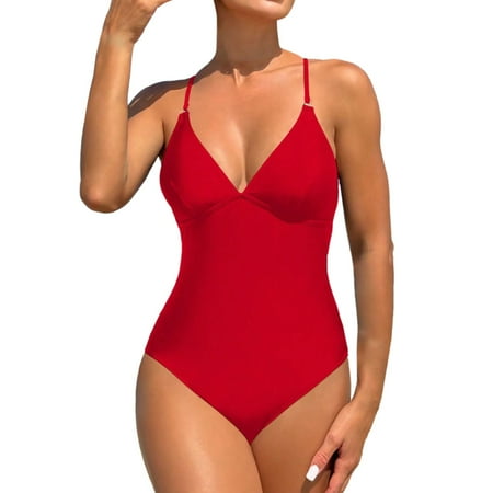 Chuancc One Piece Swimsuit Women High Cut Bikini Women s V Neck Swimsuits Solid Color Backless Swimwear Mesh Slimming Bathing Suit Swim Dresses for Women Tummy Control Red 2XL Clearance