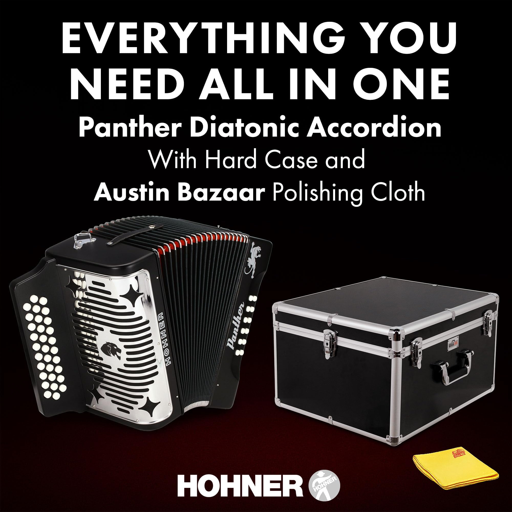 Hohner Panther Diatonic Accordion - Keys G/C/F Bundle with Hard Case and Austin Bazaar Polishing Cloth