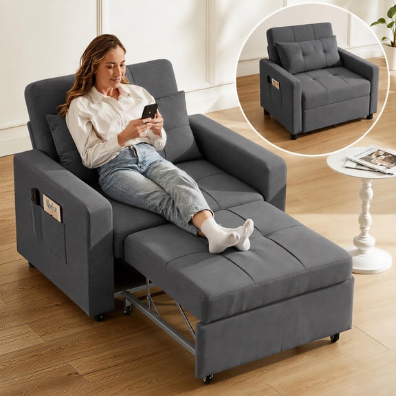 Sleeper Chair, Noelse 3-in-1 Pull Out Chair Bed with 4-Level Adjustable Backrest for Living Room, Bedroom & Guest Room, Dark Gray