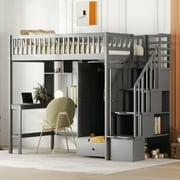 Bellemave Twin Size Loft Bed with Stairs and Wardrobe, Wood Loft Beds Frame with Desk and Storage Drawers, Stairway Loft Bed for Kids, Teens & AdultsGray