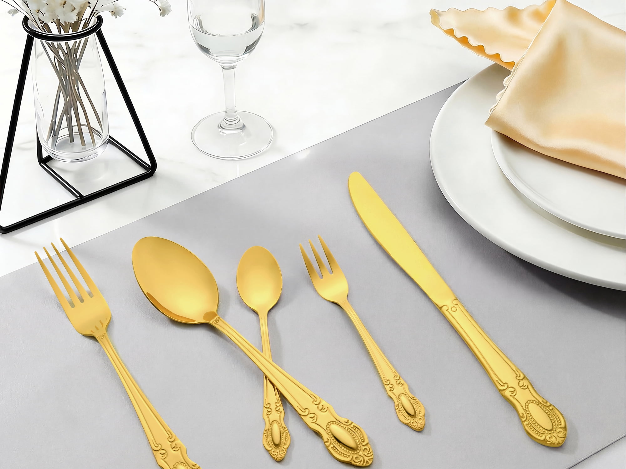 Unique Bargains 20 Piece Stainless Steel Flatware Set for Modern Cutlery Set Gold