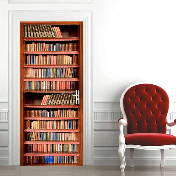 Wooden Bookshelf Door Stickers Spiral Staircase Library Retro Literature Art Bookstore r Renovation