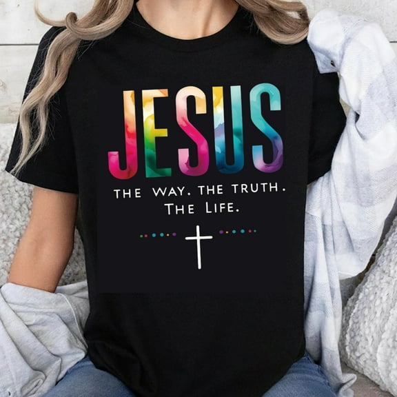 100% Cotton Jesus The Way The Truth The Life Rainbow Cross Christian Faith T-Shirt for Women Men Unisex Religious Shirt