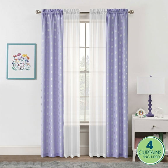 Your Zone Curtain and Sheers Panel Set, 4-Piece, Foil Polka Dot Purple, 27.5" W x 84" L