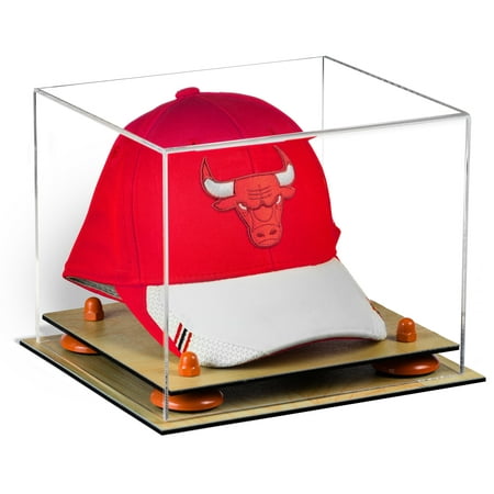 Acrylic Display Case Wood Base - Deluxe Clear Acrylic Basketball Hat or Cap Display Case with Orange Risers and Wood Base (A006-OR)