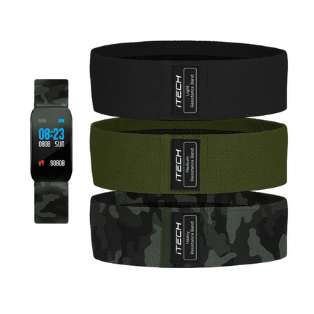 iTECH Active Green Camo Fitness Tracker Bundle with Black, Olive, Green Camo Resistance Bands