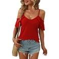 thumbnail image 1 of Top con hombros descubiertos para mujer, blusa holgada informal con estilo y tirantes finos, camisa de manga corta con volantes para citas, color rojo XL, 1 of 6