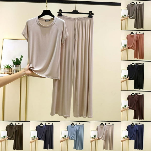 Feancey Modal Lounge Sets for Women Casual Short Sleeve Tops and Wide Leg Pants Pjs Two Piece Cozy Soft Nightwear 2 Piece Set Beige XXL