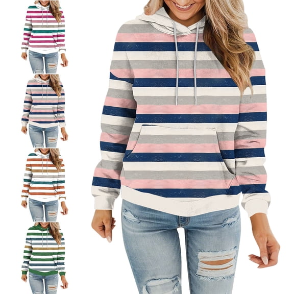 SYwaren Striped Sweatshirt for Women Pullover Hoodie Long Sleeve Casual with Pockets Tops