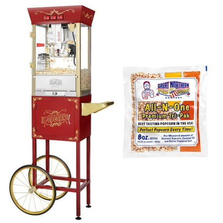

Matinee Popcorn Machine and Cart – 3 Gallon Popcorn Popper 8oz Kettle Warmer and 5 All-In-One Popcorn Packs by Great Northern Popcorn (Red)