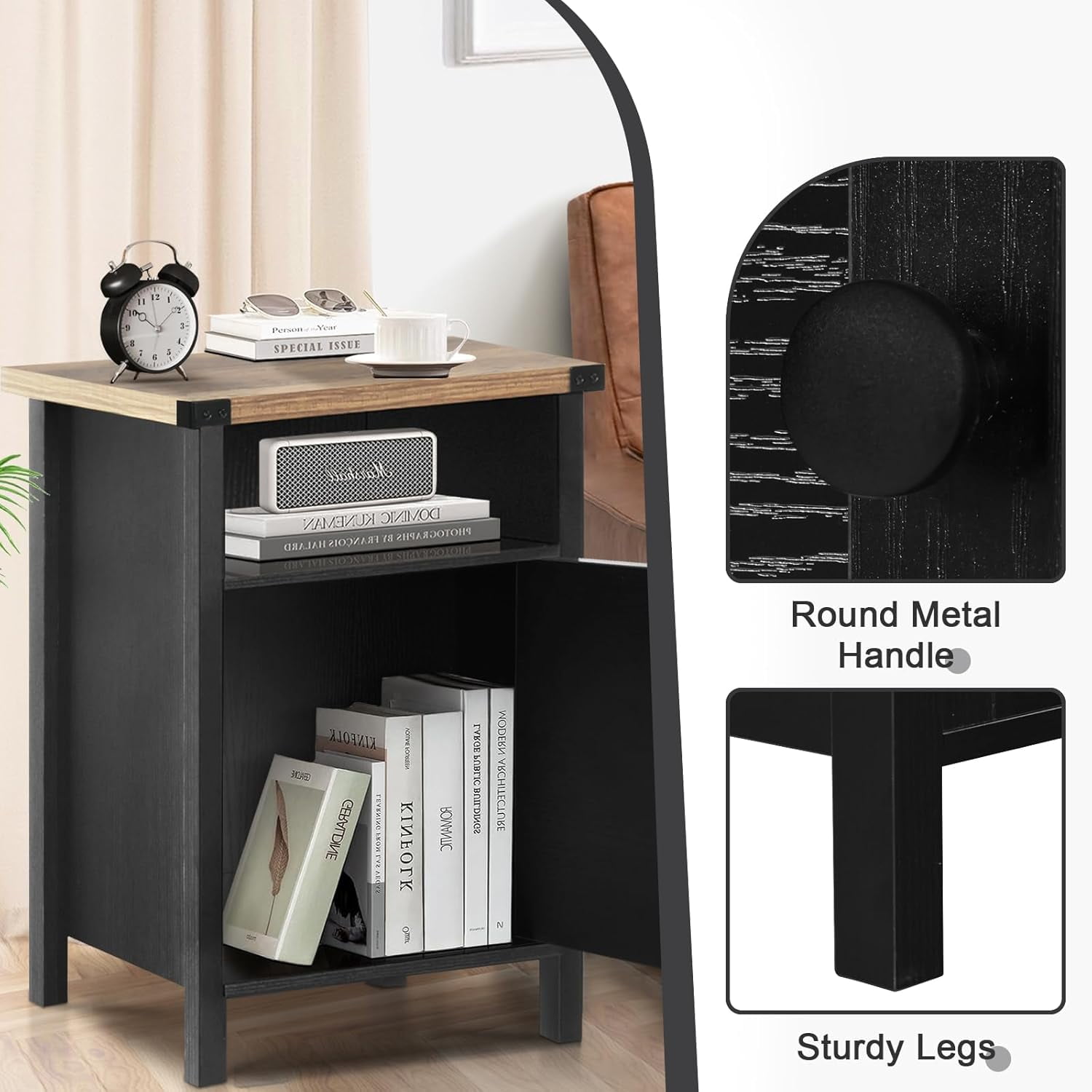 Farmhouse Nightstand, Rustic End Table with Storage Cabinet and Shelf, End Table for Bedroom Living Room, Wood Night Stand Side Table, Black