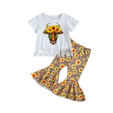 

TheFound Toddler Baby Girl Clothes Short Sleeve T-Shirt Top Sunflower Flared Pants Bell Bottoms Summer Outfits