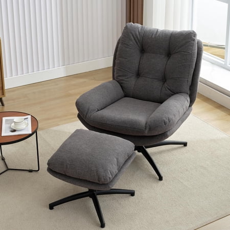 Swivel Accent Chair with Ottoman for Living Room Bedroom Reading Room Cozy Lounge Armchair Fluffy Round Tufted Back Adult Gifts for Small Room Lazy Relax Read TV Chair Gray