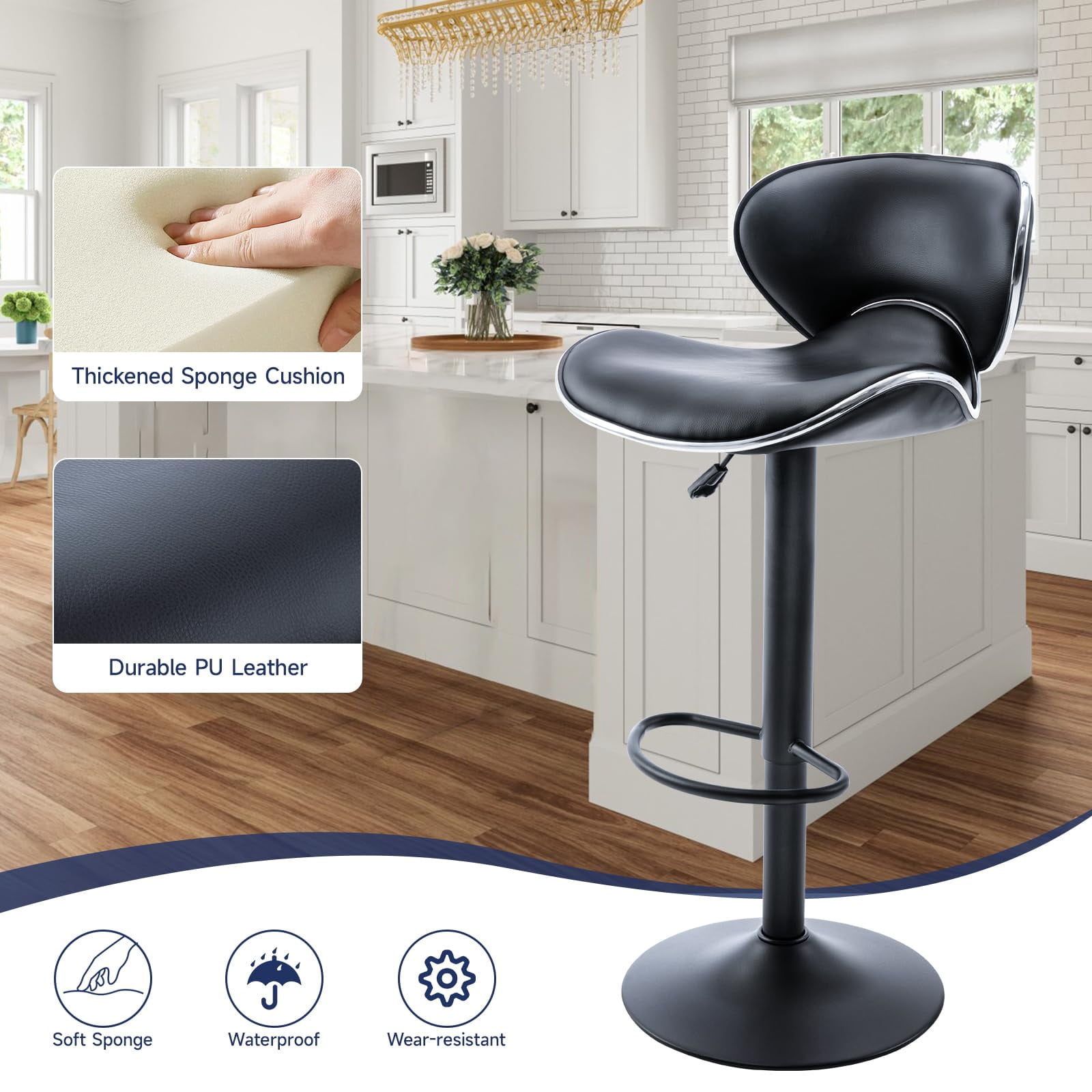 Adjustable Swivel Bar Stools Set of 2 , Modern PU Leather Upholstered Bar Chairs with Chrome Base for Kitchen Island, Dining Room, Pub, Counter (Black,Black Base)