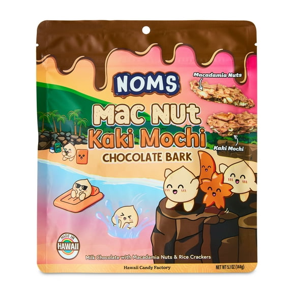 NOMS Mac Nut Kaki Mochi Chocolate Bark, Macadamia and Rice Crackers Hawaii Candy, 5.1 oz, Resealable Bag