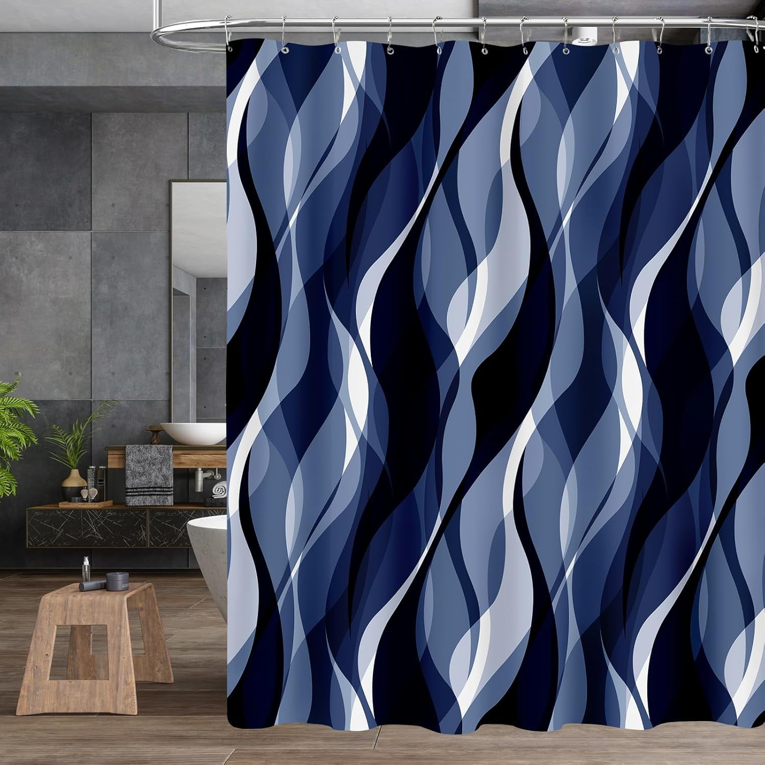4PCS Navy Blue Bathroom Sets with Shower Curtain and Rugs, Abstract Striped Shower Curtain Sets with Rugs, Modern Luxury Bathroom Curtains Shower Set Accessories