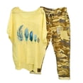 thumbnail image 1 of Mikilon Ensemble de Détente Confortable pour Femmes, Tenue d'Intérieur 2 Pcs, Ensemble de Détente Imprimé, Haut à Manches Mi-Longues à Col Rond + Pantalon, Jaune-F TP, 1 of 6